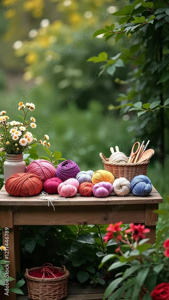 Poster a table with a basket of yarn and a vase of flowers. the yarn is in different colors and sizes