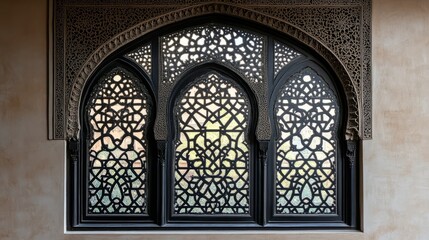Fototapeta premium Islamic window with intricate Arabic patterns, black silhouette arch, Moroccan gate borders, Ramadan decorative style --ar 16:9 --stylize 250 --v 6.1 Job ID: a38947e7-106d-4bbd-a1ea-fe4ba5ae9b45