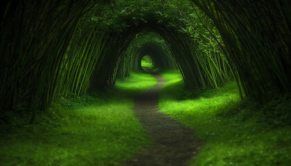 serene path winds through lush bamboo forest, symbolizing tranquility and nature harmony