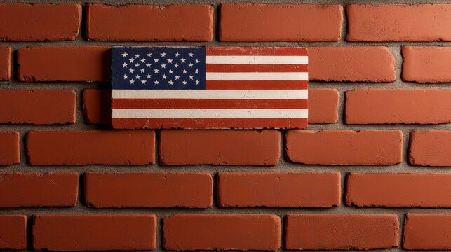 American Flag Embedded Within Red Brick Wall Illustrating Border Control Politics and Societal Division