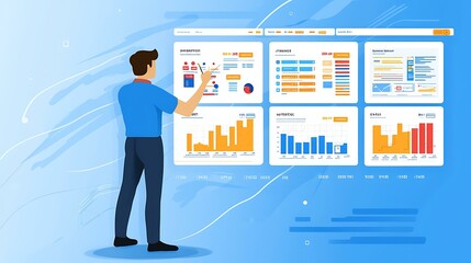 Obraz premium Data scientist optimizing an e-commerce dashboard using AI algorithms, isolated on a sky blue background