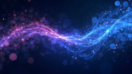 Abstract swirling particle motion with glowing neon trails in blue and purple hues, set against a dark background