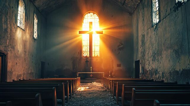 Sunlight streaming through stained glass illuminates abandoned church interior with religious cross during sunset