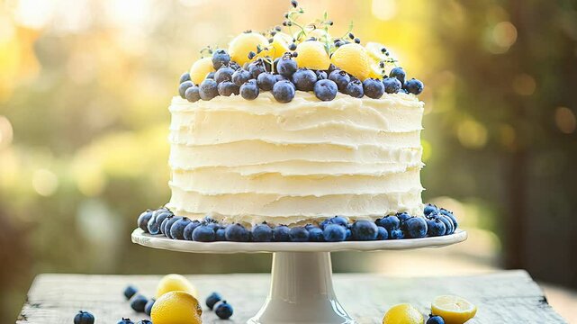 Delicious cake decorated with blueberries and lemons on a wood table. Background bokeh in daylight.  Bokeh and blurred background are used. This cake is a delicious dessert on the table in the