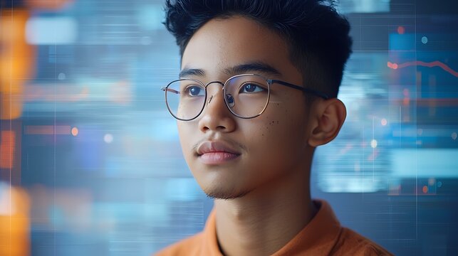 Digital entrepreneur using AI-powered tools to automate ad targeting, isolated on a soft blue background