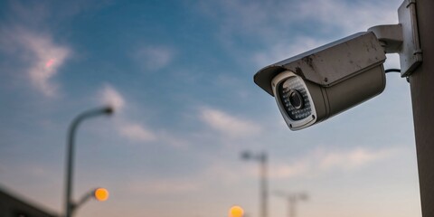 Mounted on streetlamp or building facade security camera observes quiet urban area as evening falls at dusk