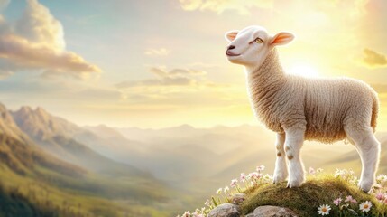 Fototapeta premium Lambs Frolicking in a Sunlit Field concept. Lamb standing on a hill with flowers and mountains in the background