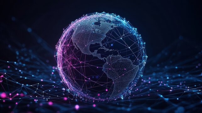 Creative 3d rendering sphere made of neon dots. Global network connection. Globe Grid. Worldwide communication. Futuristic earth globe. Science, technology and illustration on dark backdrop
