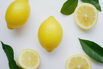 Zesty Lemon Trio: Whole and Halved Citrus Fruits, Vibrant Yellow, Refreshing Summer Vibes, Juicy Slices, Perfect for Recipes, Food Blogs, Health & Wellness, Culinary Photography, Vitamin C,           