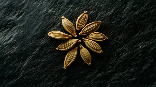 A small cluster of cumin seeds placed on a dark surface, their fine, elongated shapes and earthy tones clearly visible in the image.