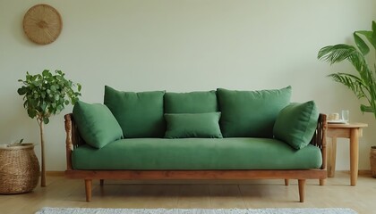 Bright living room interior with green cozy sofa and wooden furniture on empty background,Modern Living Room Interior With Green Plants, Sofa And Green Wall Background,6546