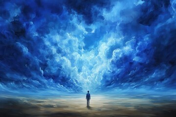 Obraz premium A solitary figure stands in the middle of a vast,