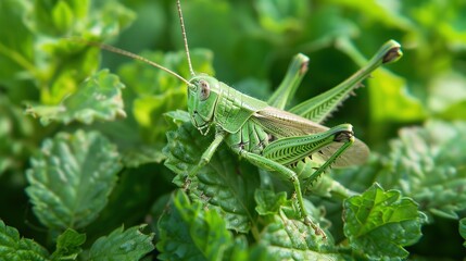 Fototapeta premium A grasshopper basking on a sunlit rock, with a blurred natural background of foliage and sky