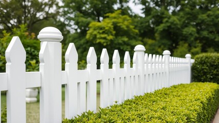 Panoramic view of lush green hedge fence isolated on white background, close-up, white, view