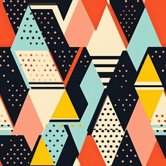 Obraz premium Playful Triangles Seamless Pattern Polka Dots Stripes Trendy Texture Design