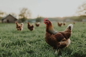 Fototapeta premium Chicken or hen on a green meadow chickens poultry farm.