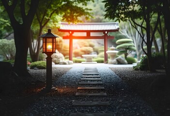 Obraz premium Japanese Toro lantern illuminating the Sando sacred path through the dark forest