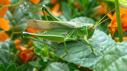Fototapeta premium A grasshopper basking on a sunlit rock, with a blurred natural background of foliage and sky