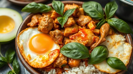 Fototapeta premium Rice topped with stir fried mince pork and basil with fried egg on a plate, Thai famous street food, Food, Street food, Basil
