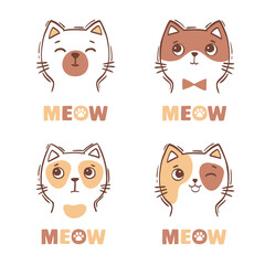 Hand drawn vector illustration of cats face portrait. Set of cute prints for children coloring, greeting card, nursery poster