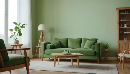 Bright living room interior with green cozy sofa and wooden furniture on empty background,Modern Living Room Interior With Green Plants, Sofa And Green Wall Background,25
