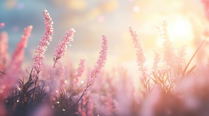 Pink spring flowers on a meadow, blurry sunlight background