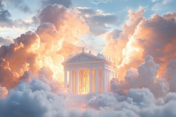 Golden light pours from a grand temple surrounded by billowing clouds, creating a serene and ethereal atmosphere