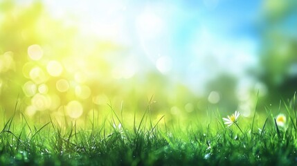 Fototapeta premium nature background with sunny spring meadow blur background blue sky to green grass