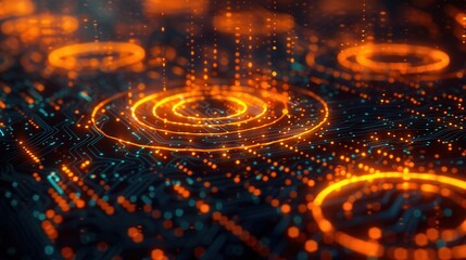 A vibrant digital landscape featuring glowing orange circles and data patterns on a dark background, evoking a sense of technology and innovation.