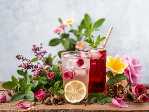 Rose colored syrup drink made with herbs, fruits, vegetables, flowers, and roots in a refreshing and aromatic rooh afza rose water drink, herbs, rooh afza, syrup