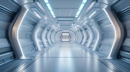 Creative futuristic corridor interior backdrop. Space ship and design concept. 3D Rendering