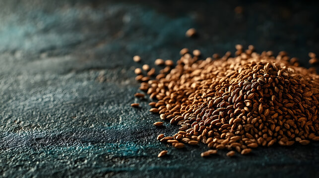A small mound of whole cumin seeds on a dark surface, their elongated shape and earthy brown color are clearly visible.