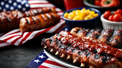 Festive July Fourth Barbecue Feast with Grilled Ribs and Sausages on American Flag Fabric