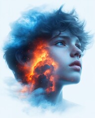 A young boy gazes up, his profile blending with vibrant flames and clouds, embodying creativity and wonder