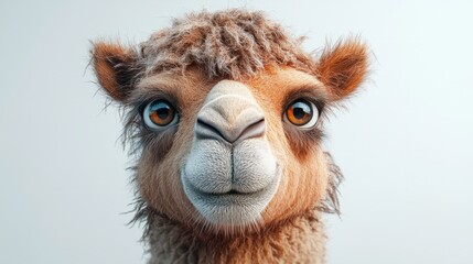 Fototapeta premium A realistic camel with soft fur and expressive eyes, isolated on a white background with natural lighting