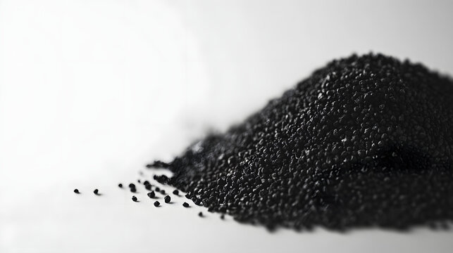 A small pile of black cumin seeds on a smooth white background, the deep black grains clearly stand out.