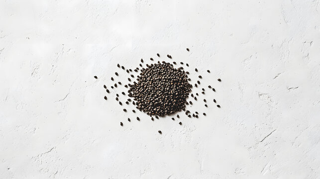 A small pile of black cumin seeds arranged on a smooth, clean surface, the deep black color stands out against the white background.