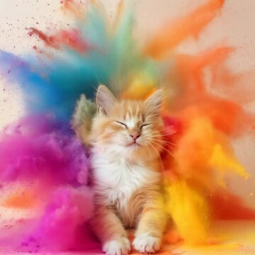 Adorable Kitten Amidst Colorful Powder Explosion Concept Photo. A Playful Kitten Surrounded By Pink and Yellow Powders.  Celebrating The Festival With Vibrant Colors.  A Joyful Kitten In The Center