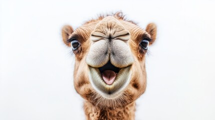 Obraz premium A highly detailed portrait of a camel's face, showing the textures of its fur and eyes, isolated on a white background