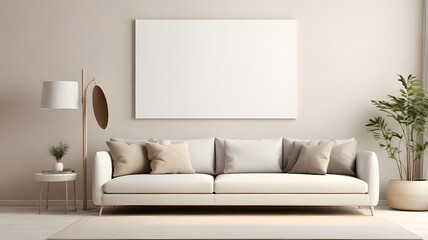 Blank white modern canvas art mockup against a light beige wall with minimalist furniture and a grey sofa 