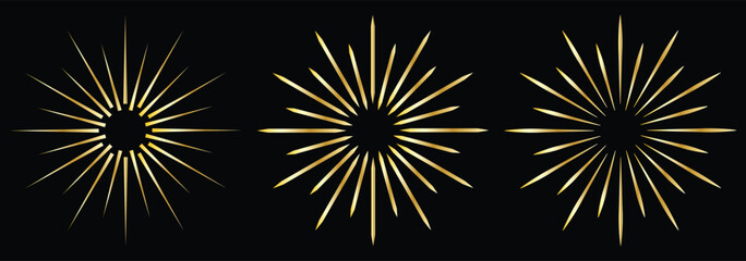 Fototapeta premium Vintage sunburst collection. Bursting golden sun rays. Fireworks. Logotype or lettering design element. Radial sunset beams. Vector illustration on black background.
