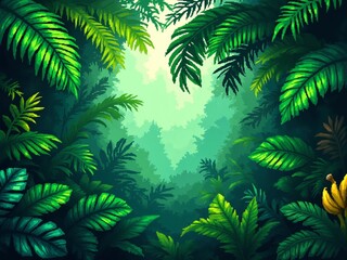  A pixel-art tropical jungle background featuring a rich variety of leaves such as palm, monstera, and banana plants