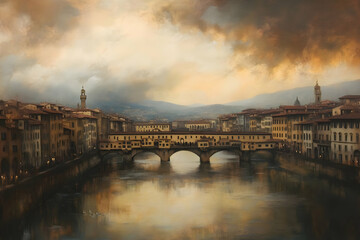 Fototapeta premium Serene sunset over a historic bridge, reflecting on tranquil waters.
