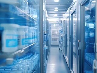 Pharmaceutical storage units line a sterile, modern medical research facility