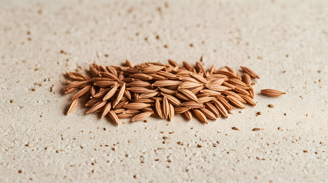 A small pile of cumin seeds arranged in a row on a neutral, textured background, their shape and earthy tones clearly visible.
