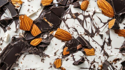  Overhead macro shot of artisan chocolate bark with swirls of white and dark chocolate and scattered whole almonds