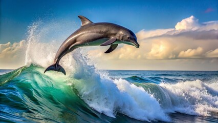 Fototapeta premium Oceanic Mammal Leaps Gracefully Over a Majestic Wave During a Sunny Day