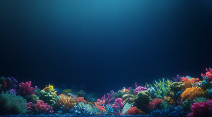 Fototapeta premium Underwater Sea - Deep Water, Underwater Scene - Tropical Seabed With Reef And Sunshine, Ocean themed background with colorful corals