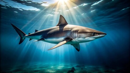 Majestic Shark Silhouette Illuminated by Sunbeams in Deep Ocean Waters