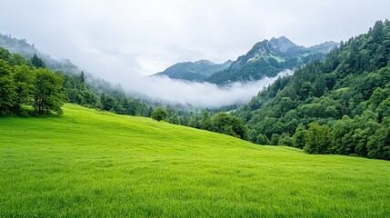 Obraz premium Misty mountain valley, green meadow, scenic view, tranquil nature, travel postcard